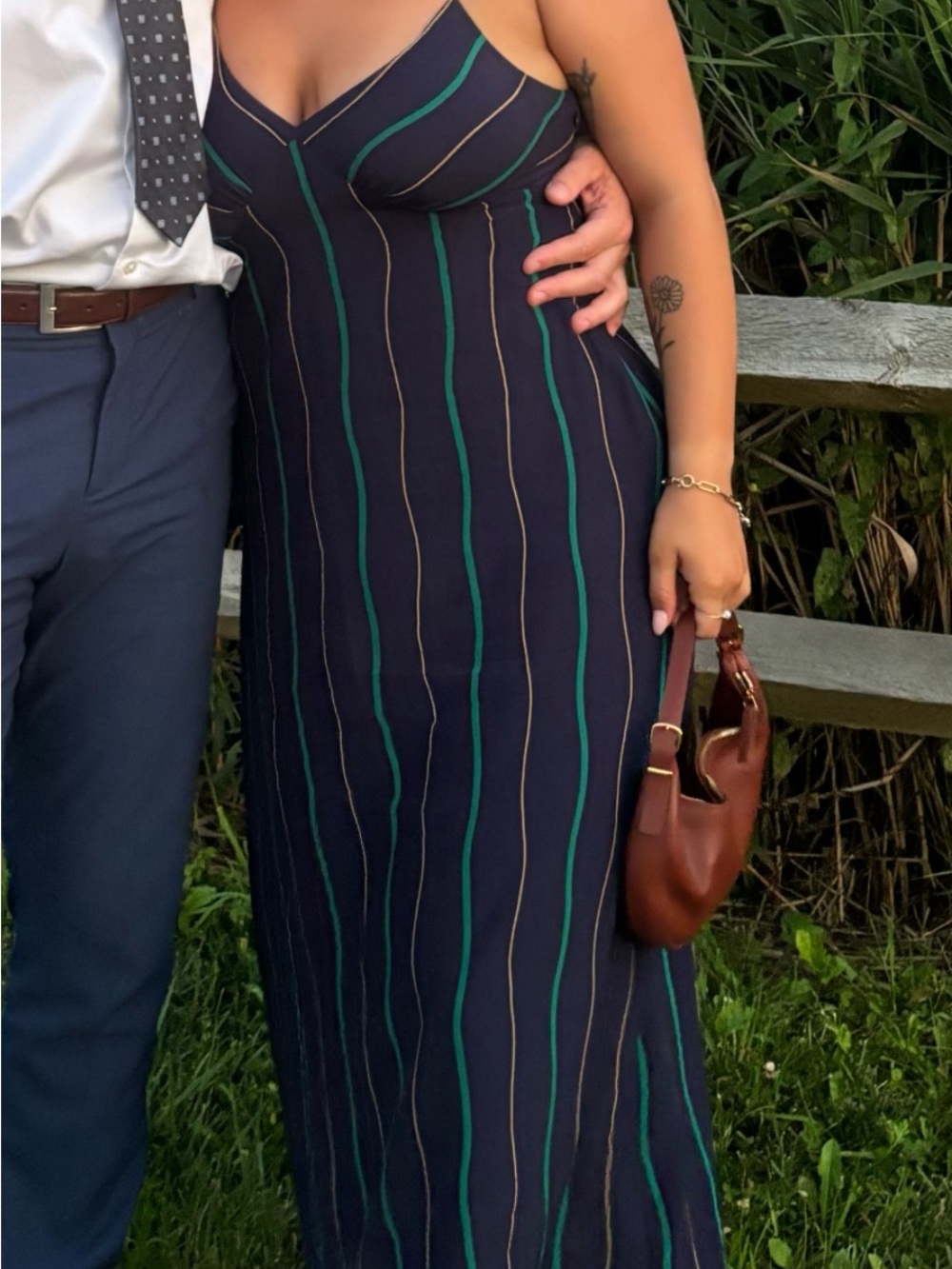 Madewell Navy Maxi Slip Dress with Green & Cream Stripes